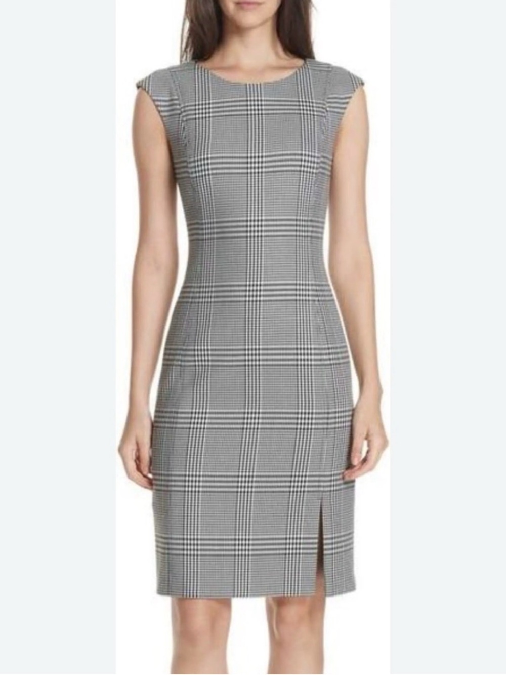 BOSS Gray Plaid Cap-Sleeve Midi Dress with Front Slit